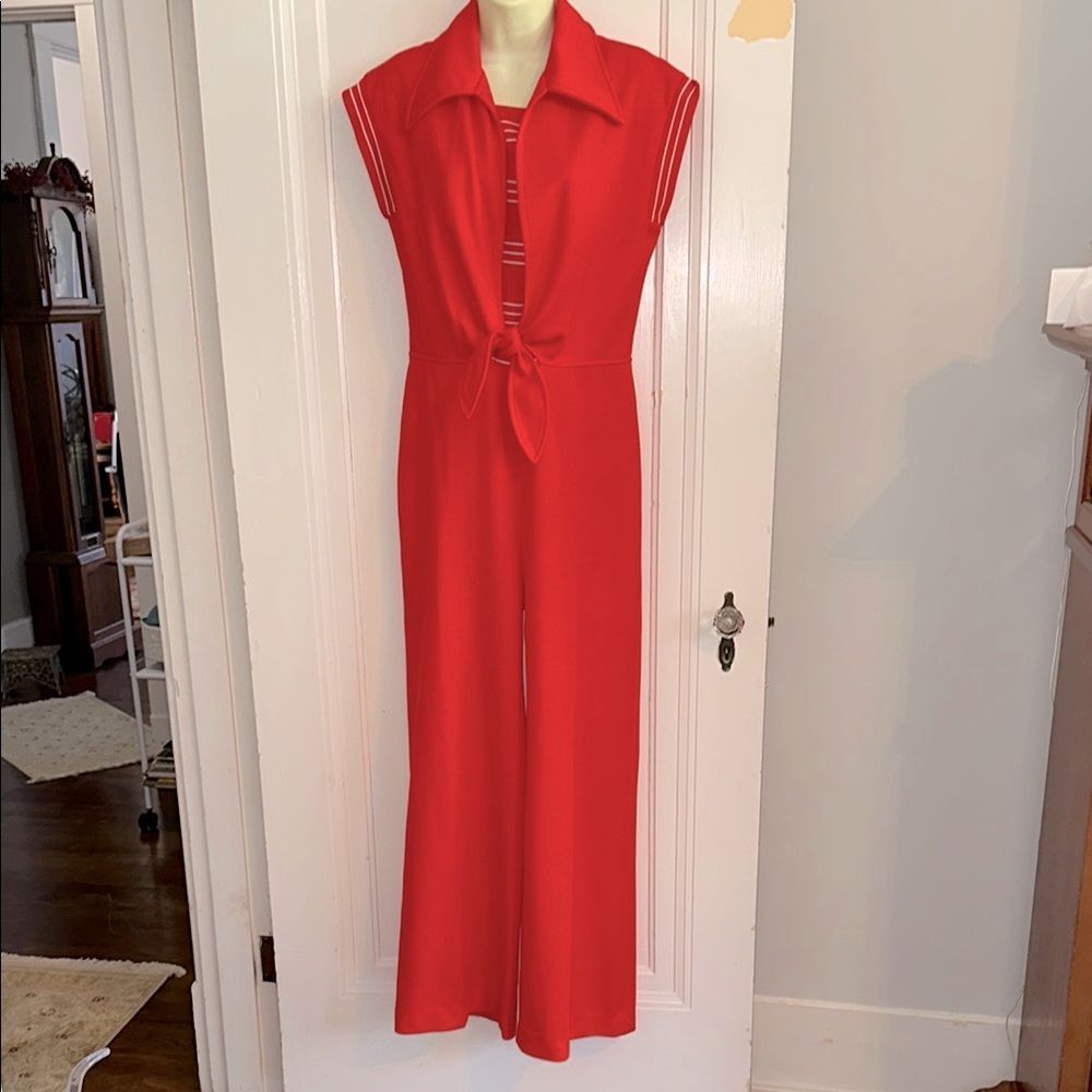 Vintage 70s‎ Melissa Lane Tomato Red Double Knit Polyester Wide Leg Jumpsuit